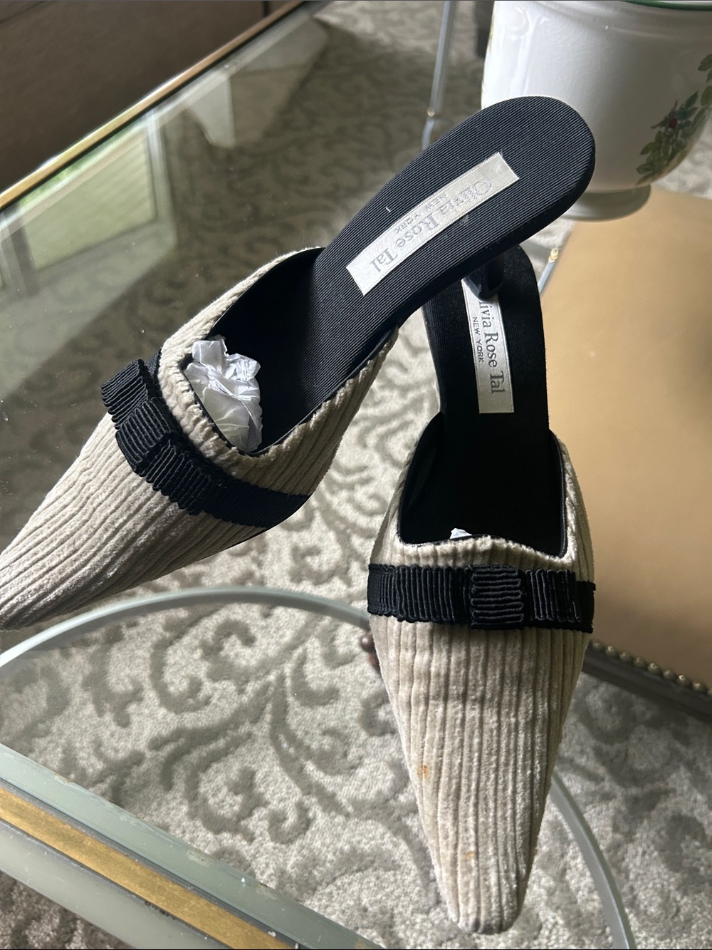 Olivia Rose Tal Cream Corduroy Pointed Mules with Black Grosgrain Bow